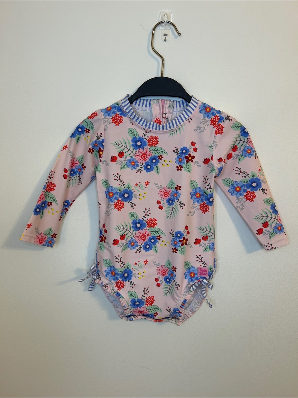 Ruffle Butts Pink Floral Long-Sleeve Baby Swimsuit, 18-24 Months